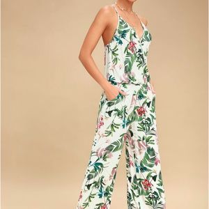 Lulu's Florence White Tropical Print Jumpsuit NWT